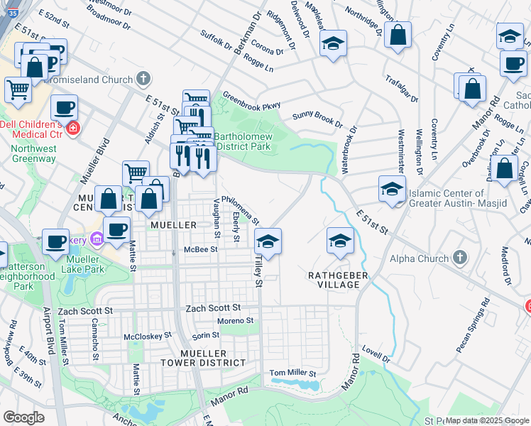 map of restaurants, bars, coffee shops, grocery stores, and more near 1901 East 51st Street in Austin