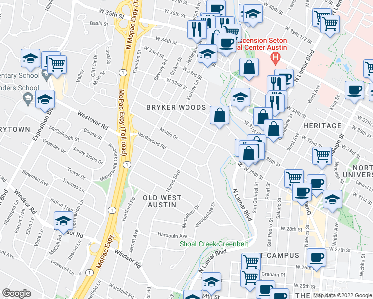 map of restaurants, bars, coffee shops, grocery stores, and more near 1510 Mohle Drive in Austin