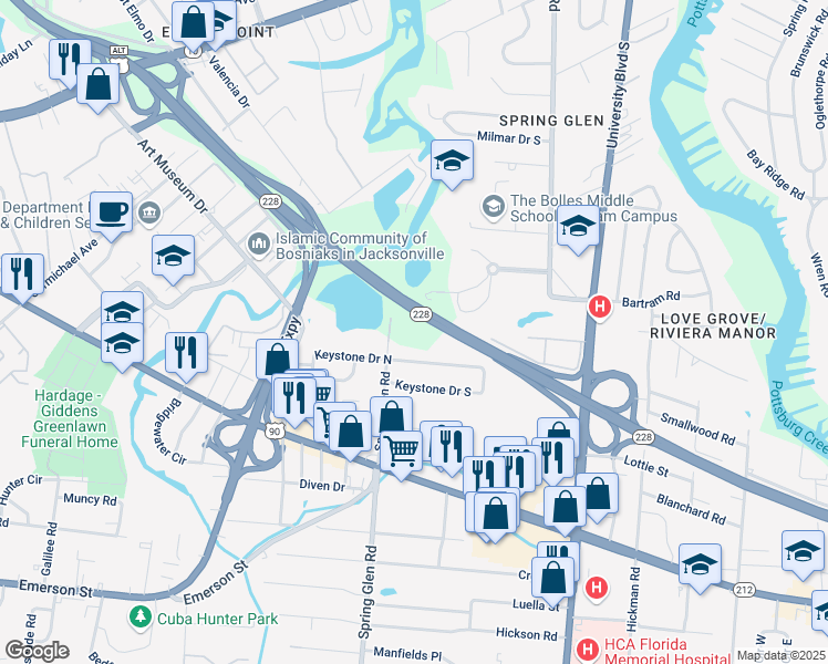 map of restaurants, bars, coffee shops, grocery stores, and more near 2627 Spring Glen Road in Jacksonville