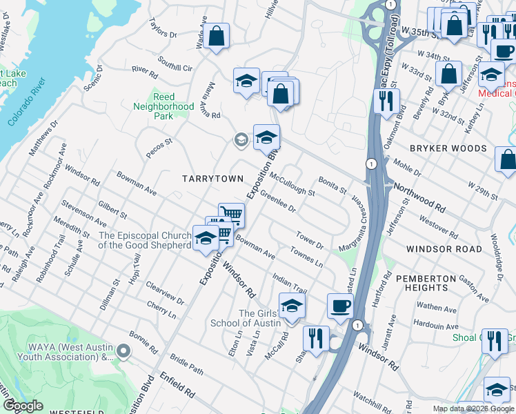 map of restaurants, bars, coffee shops, grocery stores, and more near 2520 Spring Lane in Austin