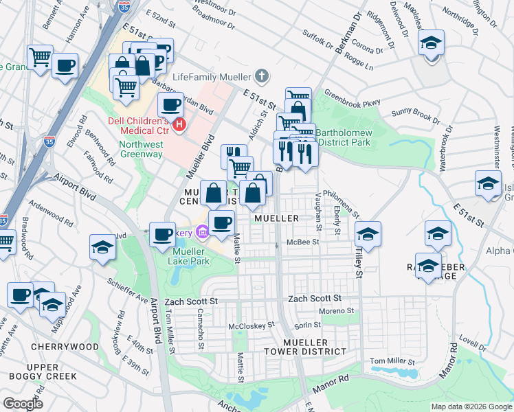 map of restaurants, bars, coffee shops, grocery stores, and more near 4628 Page Street in Austin