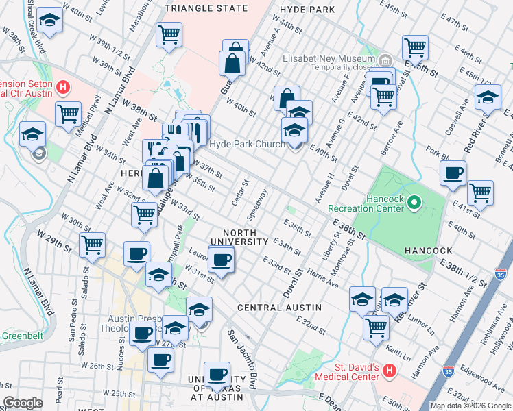 map of restaurants, bars, coffee shops, grocery stores, and more near Speedway & East 35th Street in Austin