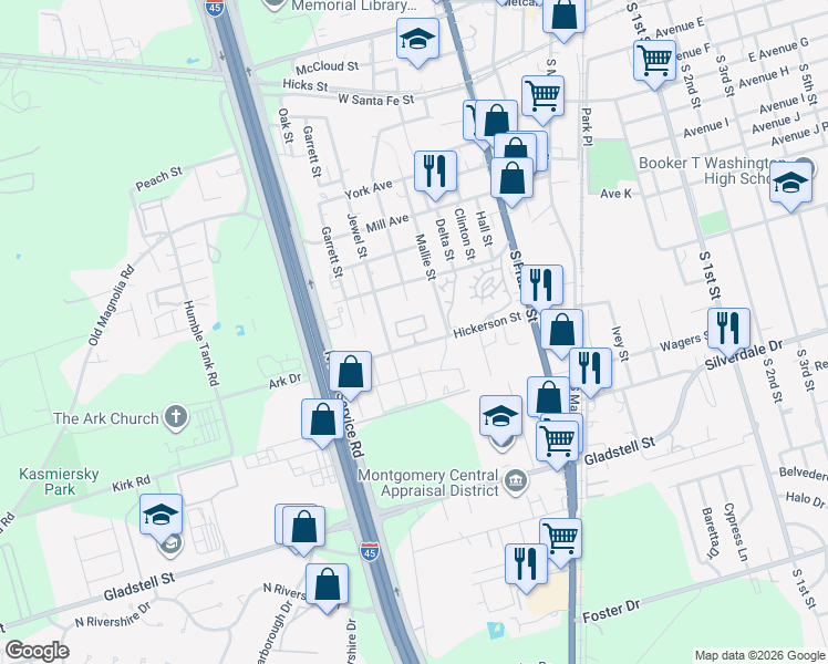 map of restaurants, bars, coffee shops, grocery stores, and more near 600 Hickerson Street in Conroe