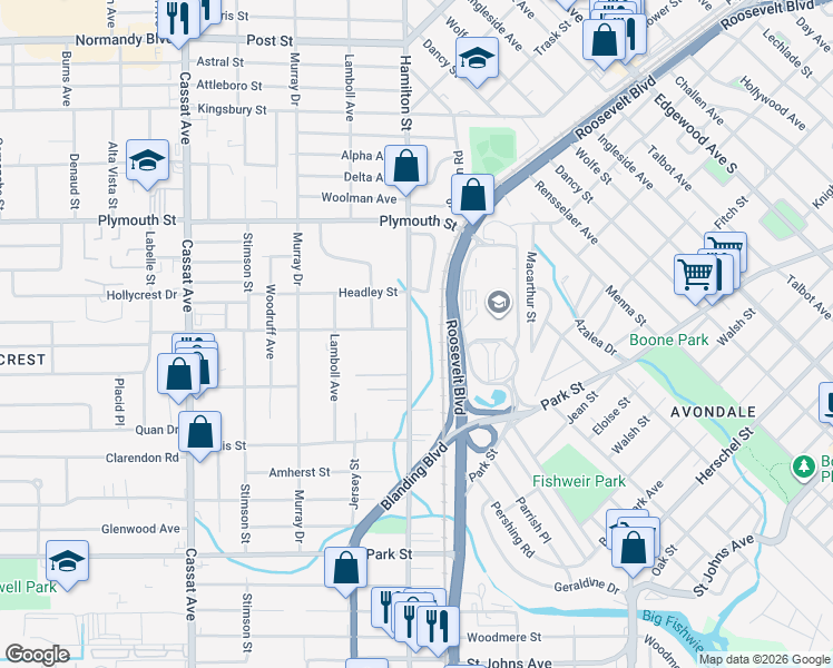 map of restaurants, bars, coffee shops, grocery stores, and more near 1289 Hamilton Street in Jacksonville