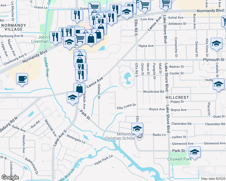 map of restaurants, bars, coffee shops, grocery stores, and more near 6099 Delmar Place in Jacksonville