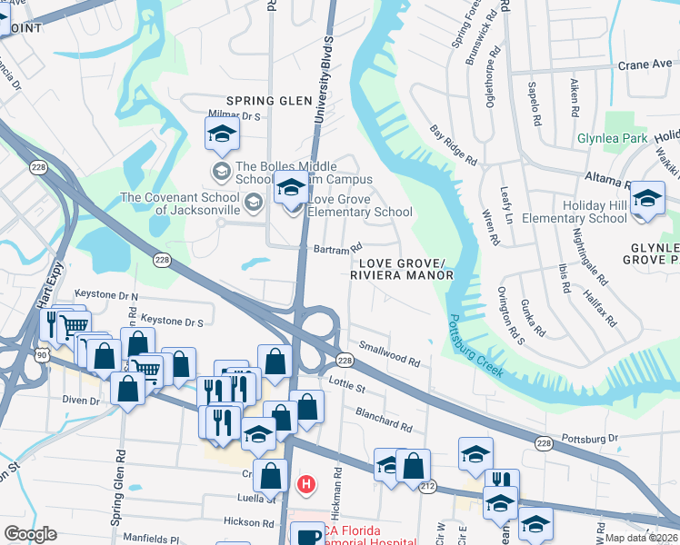 map of restaurants, bars, coffee shops, grocery stores, and more near 6032 Bartram Road in Jacksonville