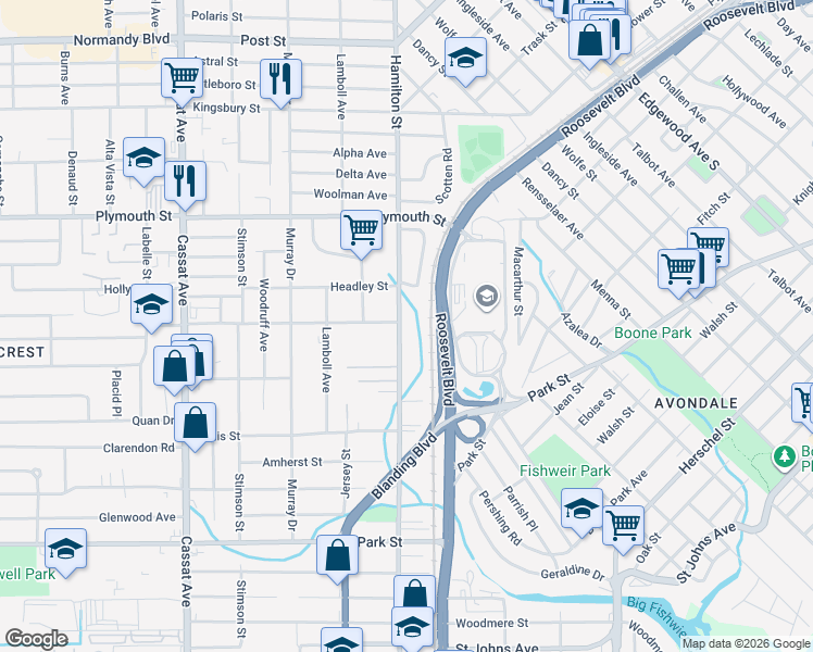 map of restaurants, bars, coffee shops, grocery stores, and more near 1289 Hamilton Street in Jacksonville