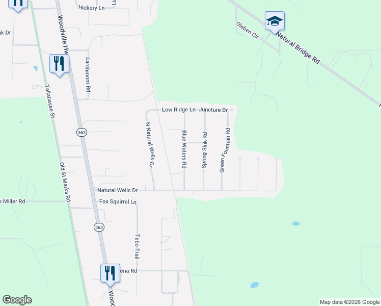 map of restaurants, bars, coffee shops, grocery stores, and more near 10053 Blue Waters Road in Tallahassee