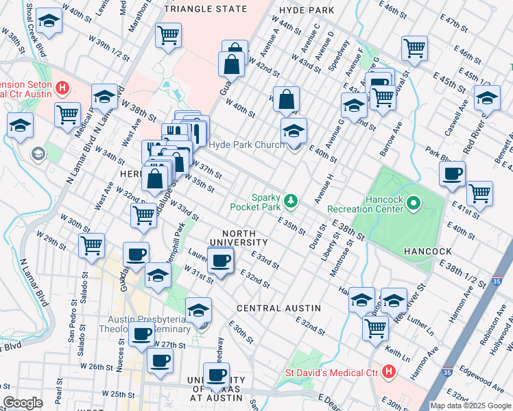 map of restaurants, bars, coffee shops, grocery stores, and more near 3506 Speedway in Austin
