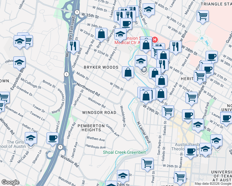 map of restaurants, bars, coffee shops, grocery stores, and more near 2817 Harris Boulevard in Austin