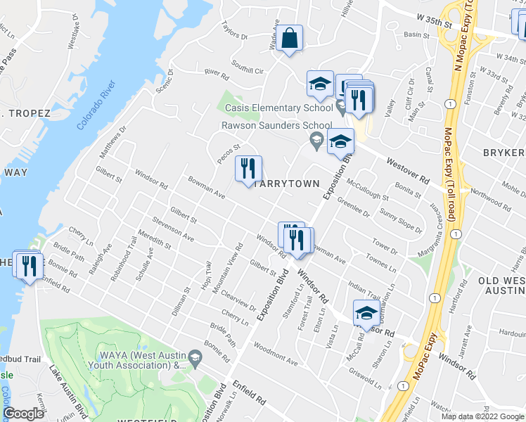map of restaurants, bars, coffee shops, grocery stores, and more near 2902 Bowman Avenue in Austin