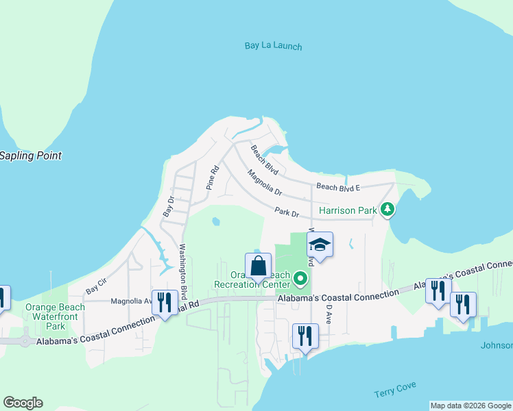 map of restaurants, bars, coffee shops, grocery stores, and more near 27137 Park Drive in Orange Beach