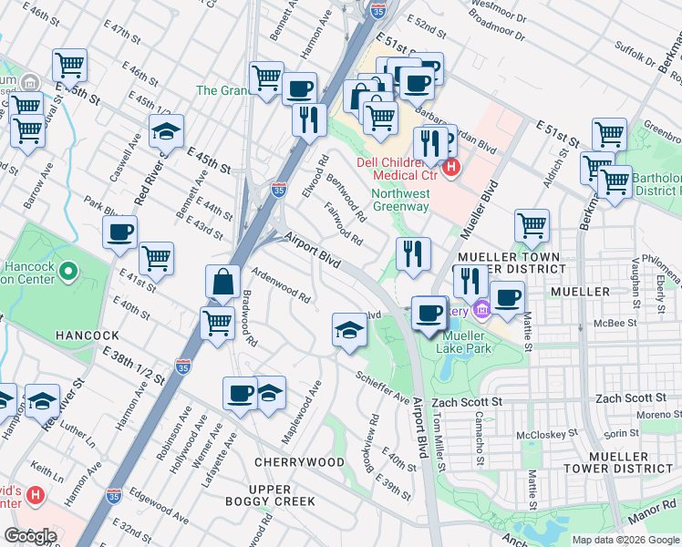 map of restaurants, bars, coffee shops, grocery stores, and more near 4322 Airport Boulevard in Austin