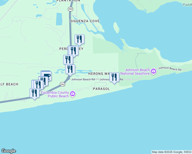 map of restaurants, bars, coffee shops, grocery stores, and more near 831 Sailfish Court in Pensacola