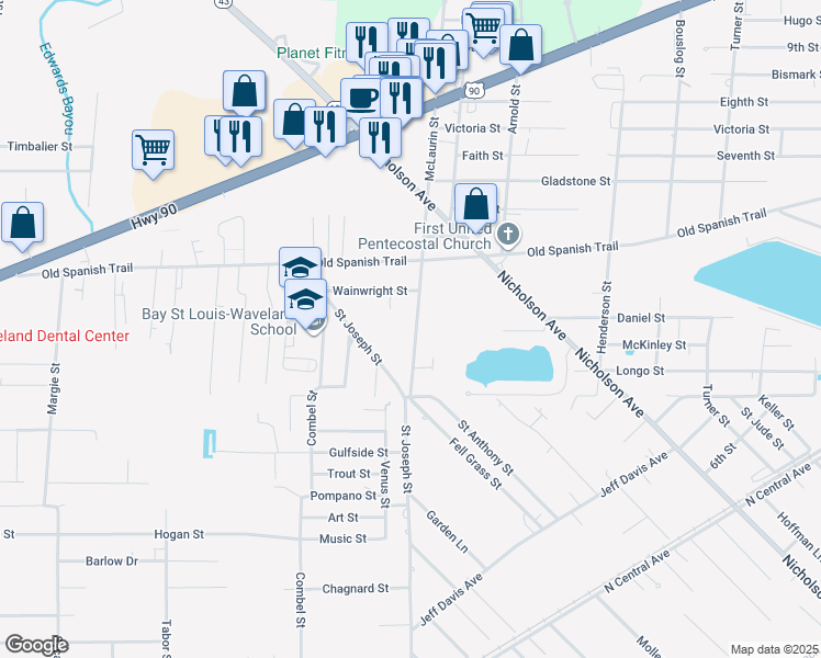 map of restaurants, bars, coffee shops, grocery stores, and more near 1654-1794 McLaurin Street in Waveland