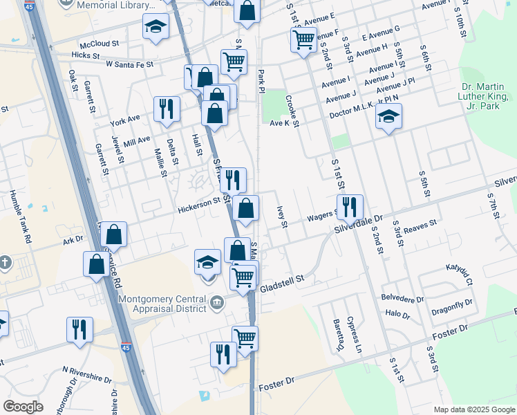 map of restaurants, bars, coffee shops, grocery stores, and more near 1008 Bertrand Street in Conroe