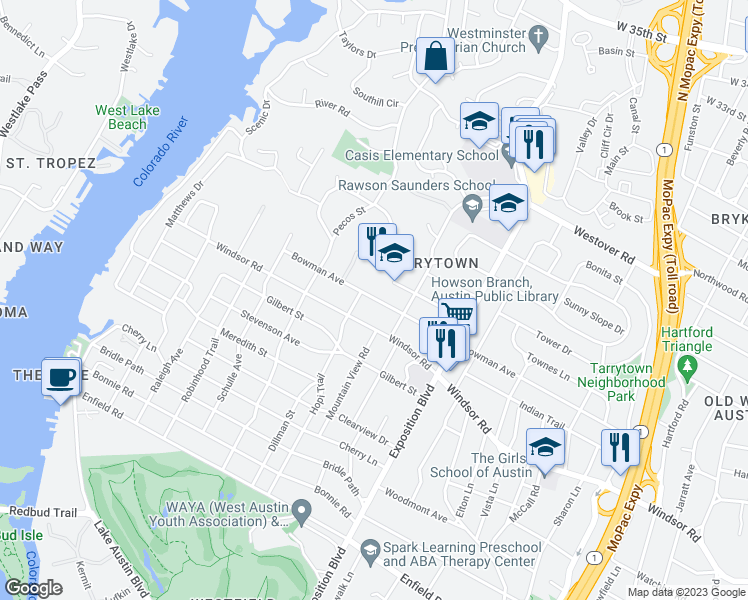 map of restaurants, bars, coffee shops, grocery stores, and more near 3005 Bowman Ave in Austin