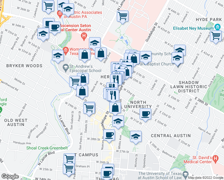 map of restaurants, bars, coffee shops, grocery stores, and more near West 32nd Street in Austin