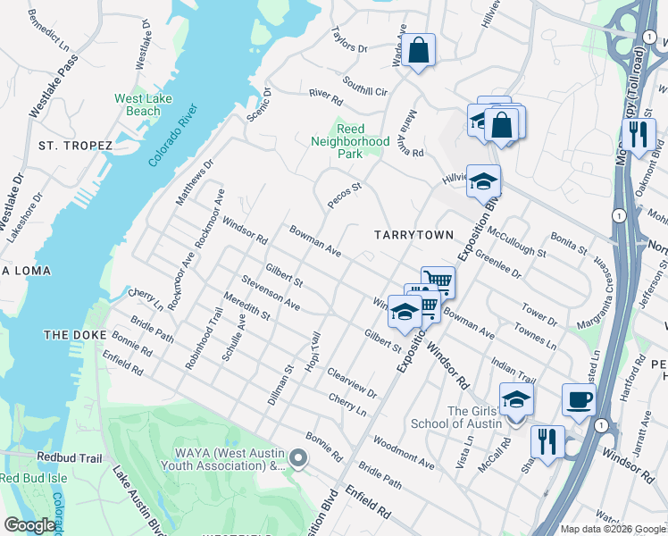 map of restaurants, bars, coffee shops, grocery stores, and more near 3402 Windsor Road in Austin