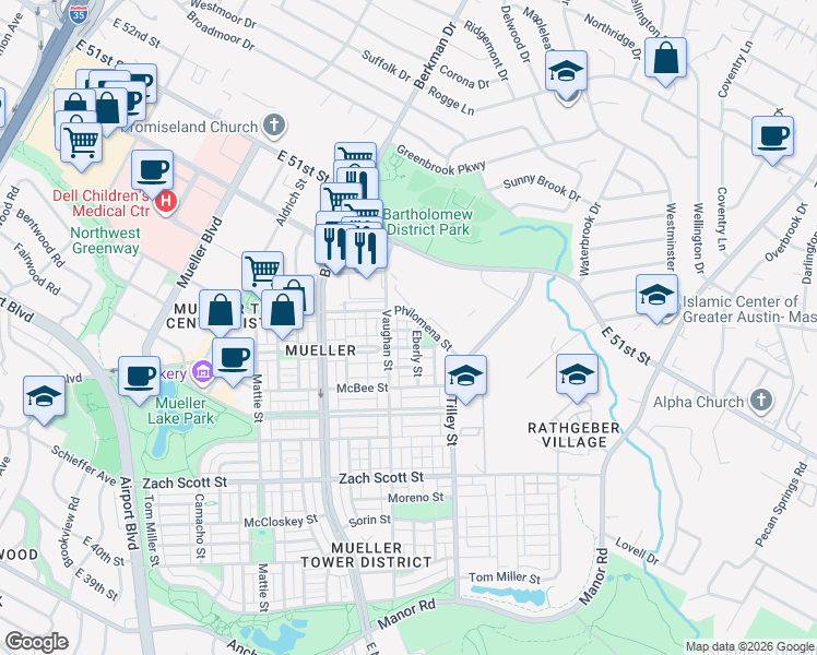 map of restaurants, bars, coffee shops, grocery stores, and more near 1901 East 51st Street in Austin