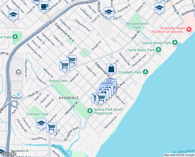map of restaurants, bars, coffee shops, grocery stores, and more near 3523 Herschel Street in Jacksonville