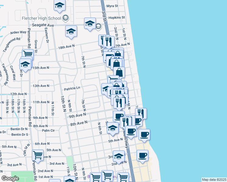 map of restaurants, bars, coffee shops, grocery stores, and more near 1250 3rd Street North in Jacksonville Beach