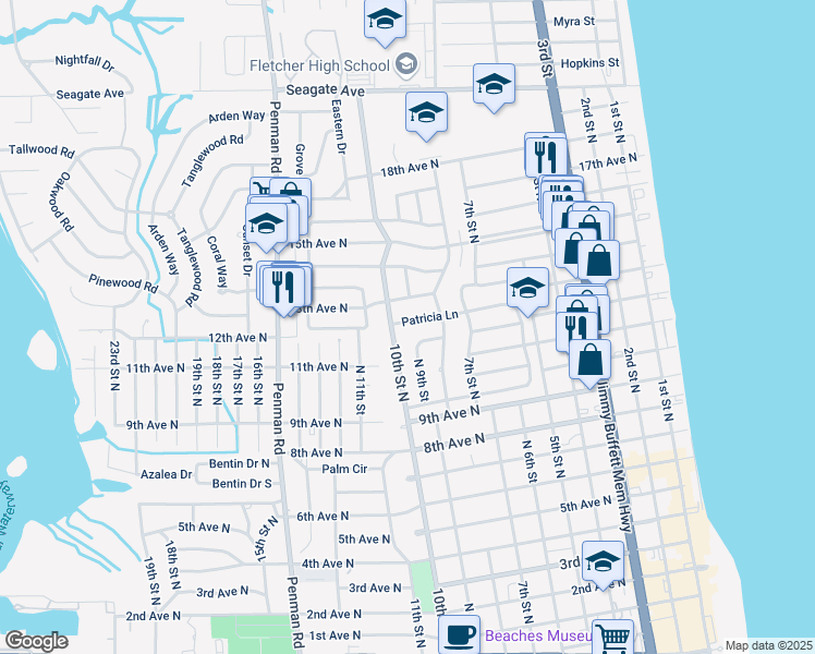 map of restaurants, bars, coffee shops, grocery stores, and more near 924 13th Avenue North in Jacksonville Beach