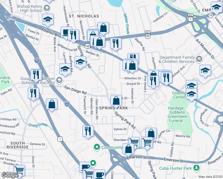 map of restaurants, bars, coffee shops, grocery stores, and more near 2310 Camden Avenue in Jacksonville