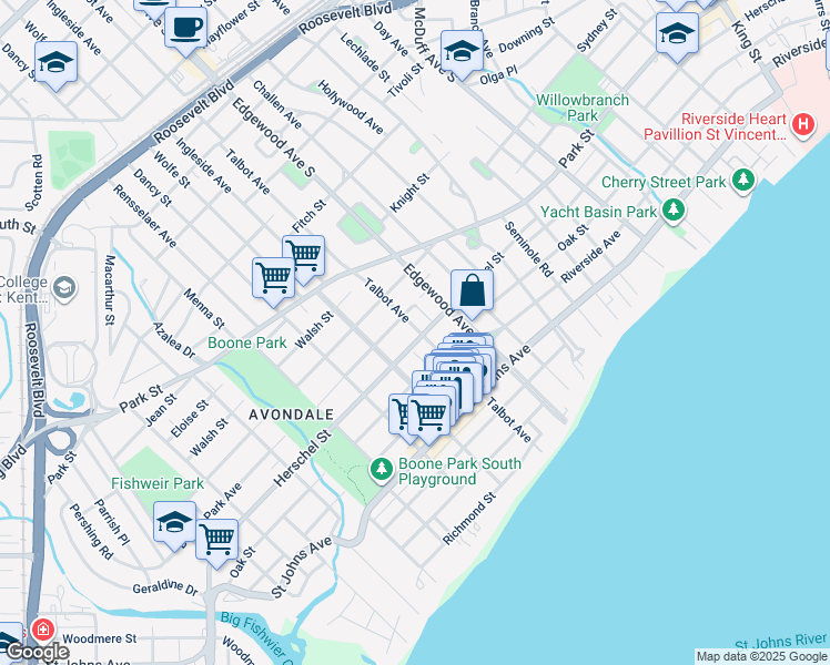 map of restaurants, bars, coffee shops, grocery stores, and more near 3523 Herschel Street in Jacksonville