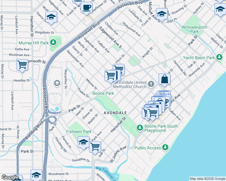 map of restaurants, bars, coffee shops, grocery stores, and more near in Jacksonville