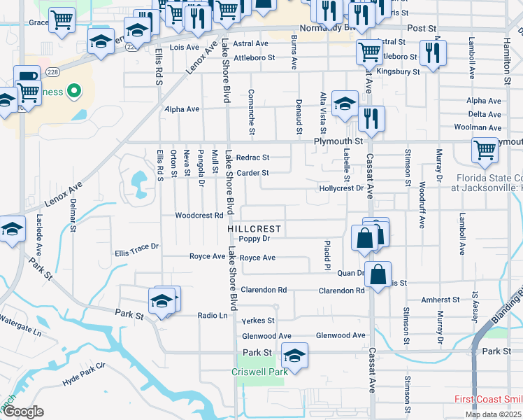 map of restaurants, bars, coffee shops, grocery stores, and more near 5267 Baycrest Road in Jacksonville