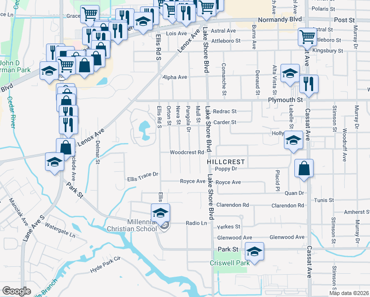 map of restaurants, bars, coffee shops, grocery stores, and more near 1274 Pangola Drive in Jacksonville