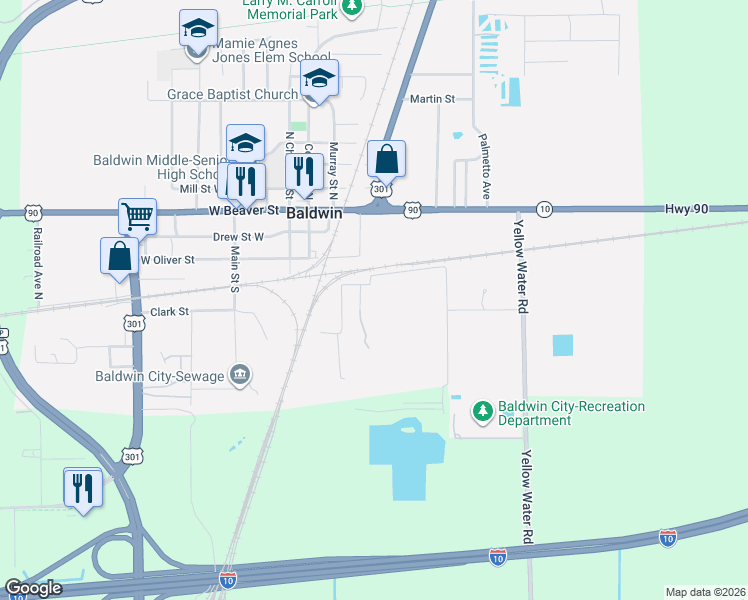 map of restaurants, bars, coffee shops, grocery stores, and more near 365 Duval Street in Baldwin