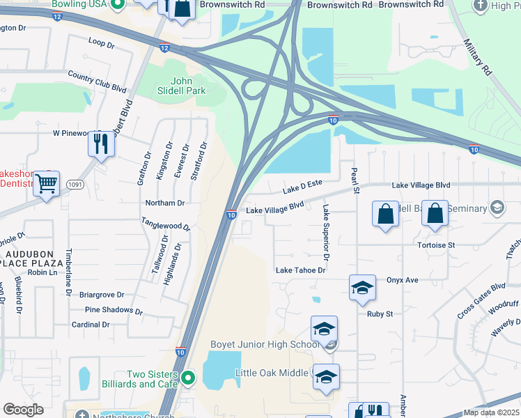 map of restaurants, bars, coffee shops, grocery stores, and more near 107 Lake D Este Drive in Slidell