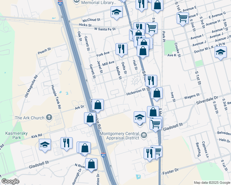 map of restaurants, bars, coffee shops, grocery stores, and more near 604 Jewel Street in Conroe