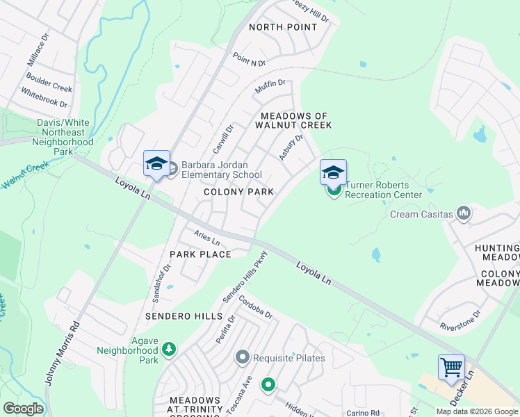 map of restaurants, bars, coffee shops, grocery stores, and more near 6805 Pondsdale Lane in Austin
