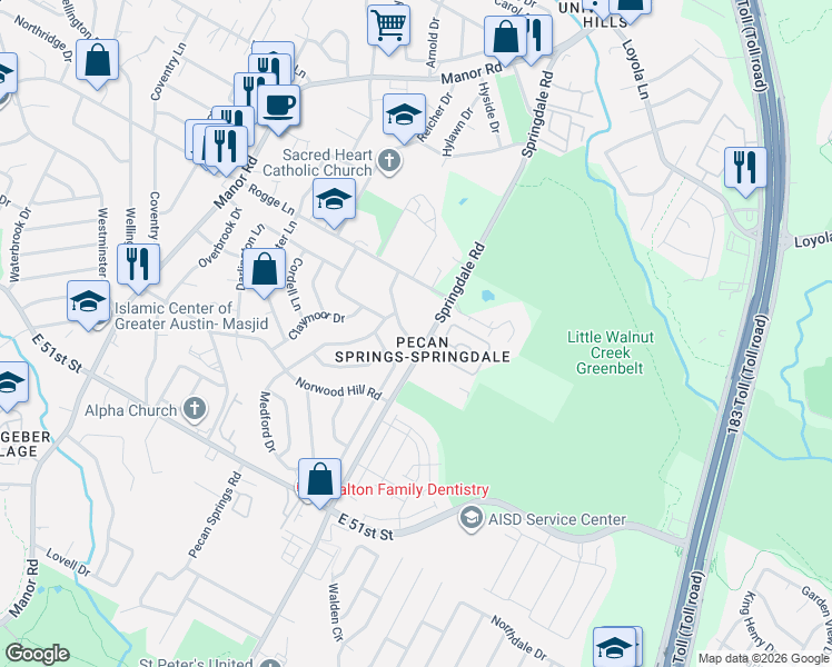 map of restaurants, bars, coffee shops, grocery stores, and more near 5612 Springville Lane in Austin