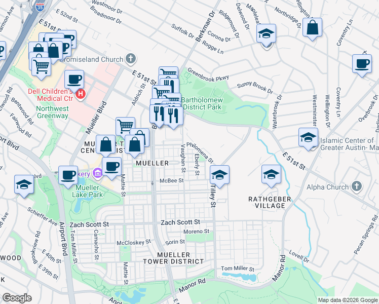 map of restaurants, bars, coffee shops, grocery stores, and more near 1901 East 51st Street in Austin