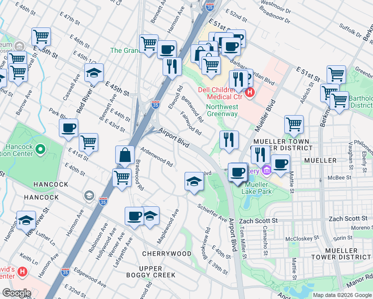 map of restaurants, bars, coffee shops, grocery stores, and more near 4325 Airport Boulevard in Austin