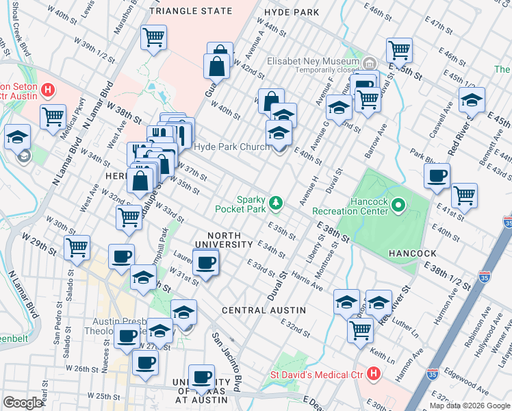 map of restaurants, bars, coffee shops, grocery stores, and more near 3506 Speedway in Austin