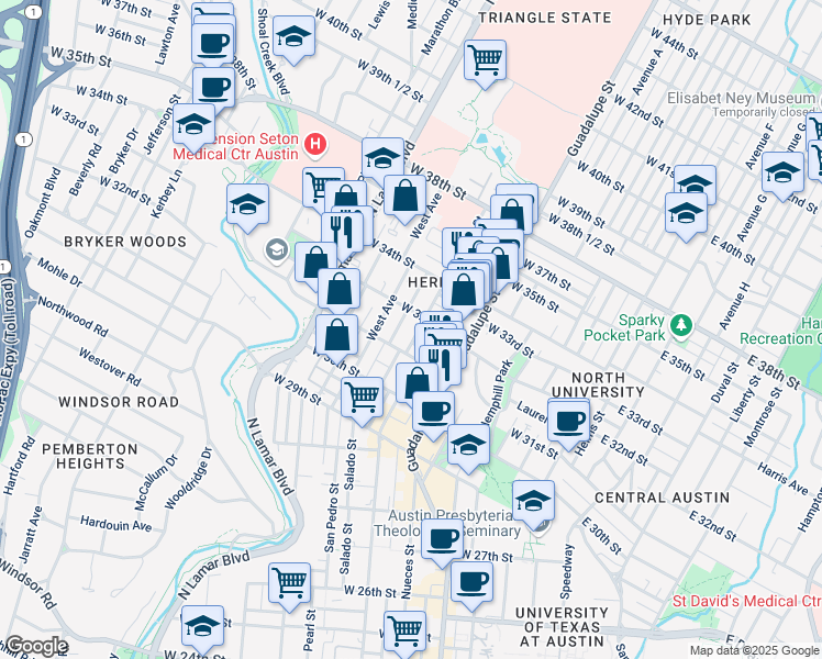 map of restaurants, bars, coffee shops, grocery stores, and more near 705 West 32nd Street in Austin