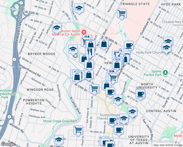 map of restaurants, bars, coffee shops, grocery stores, and more near 3108 West Avenue in Austin