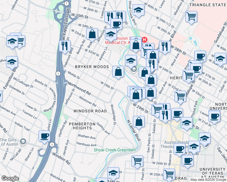 map of restaurants, bars, coffee shops, grocery stores, and more near 2901 Oakhurst Avenue in Austin