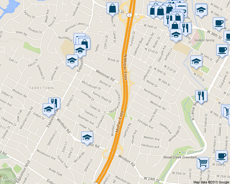 map of restaurants, bars, coffee shops, grocery stores, and more near 37 Margranita Crescent in Austin