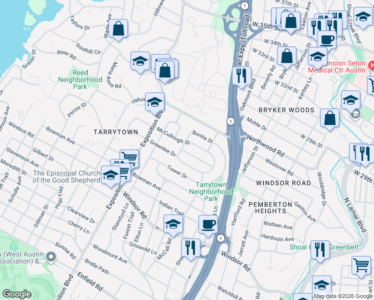 map of restaurants, bars, coffee shops, grocery stores, and more near 2307 McCullough Street in Austin