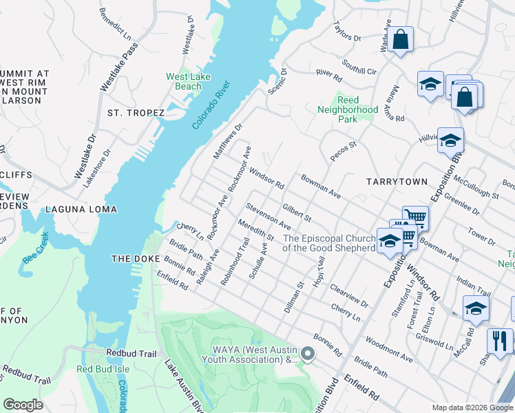 map of restaurants, bars, coffee shops, grocery stores, and more near 2103 Raleigh Avenue in Austin