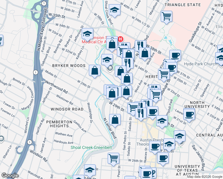 map of restaurants, bars, coffee shops, grocery stores, and more near 1100 Belmont Parkway in Austin