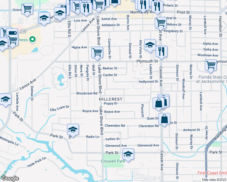 map of restaurants, bars, coffee shops, grocery stores, and more near 5267 Baycrest Road in Jacksonville