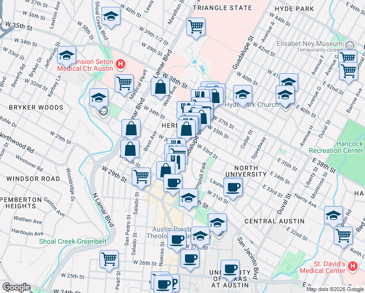 map of restaurants, bars, coffee shops, grocery stores, and more near 606 West 32nd Street in Austin