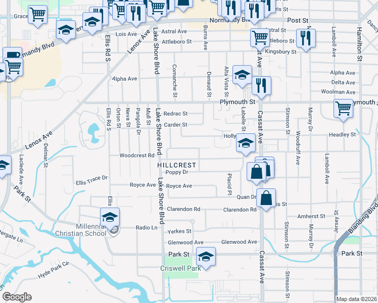 map of restaurants, bars, coffee shops, grocery stores, and more near 5267 Baycrest Road in Jacksonville
